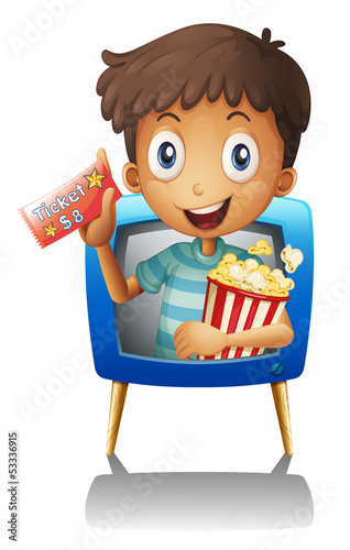 A boy on the television holding a ticket and a popcorn