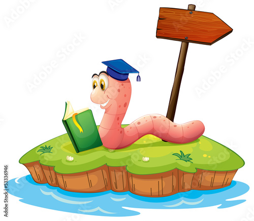 A worm reading a book on an island