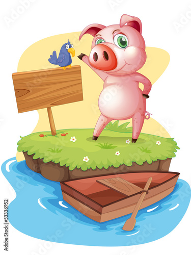 An island with a pig and a bird near an empty signage