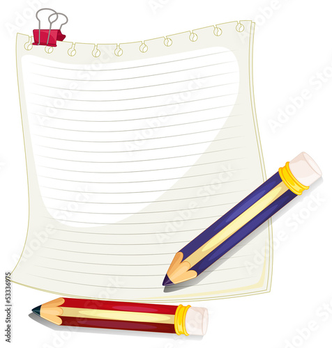 An empty paper with a clip and two pencils