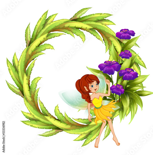 A round border with a fairy and violet flowers
