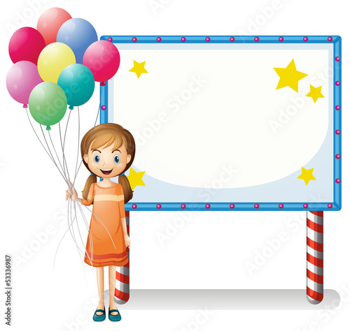 A girl with balloons standing in front of an empty board