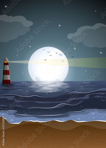 A beach with a lighthouse and a fullmoon