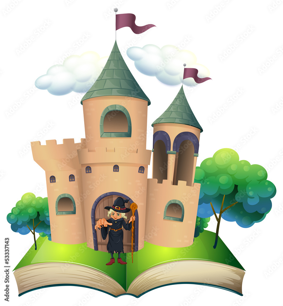 A book with a castle and a witch