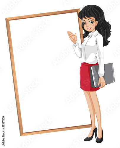 A woman in front of the empty whiteboard