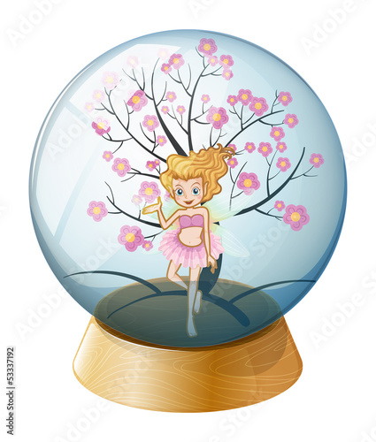 A crystal ball with a fairy and a cherry blossom tree
