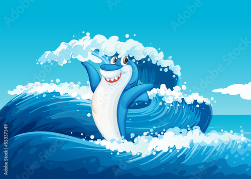 A blue shark and the sea waves