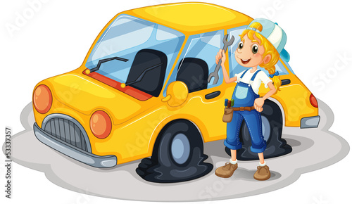A girl holding a tool beside a car with flat tires