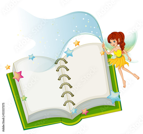 An open book with stars and a fairy