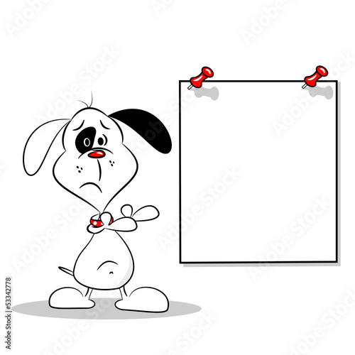 A sad cartoon dog pointing to a blank poster with copy space