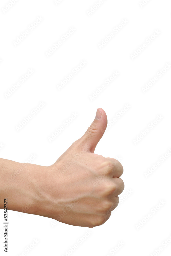 Closeup of male hand showing thumbs up sign, isolated on white Closeup of male hand showing thumbs up sign, isolated on white