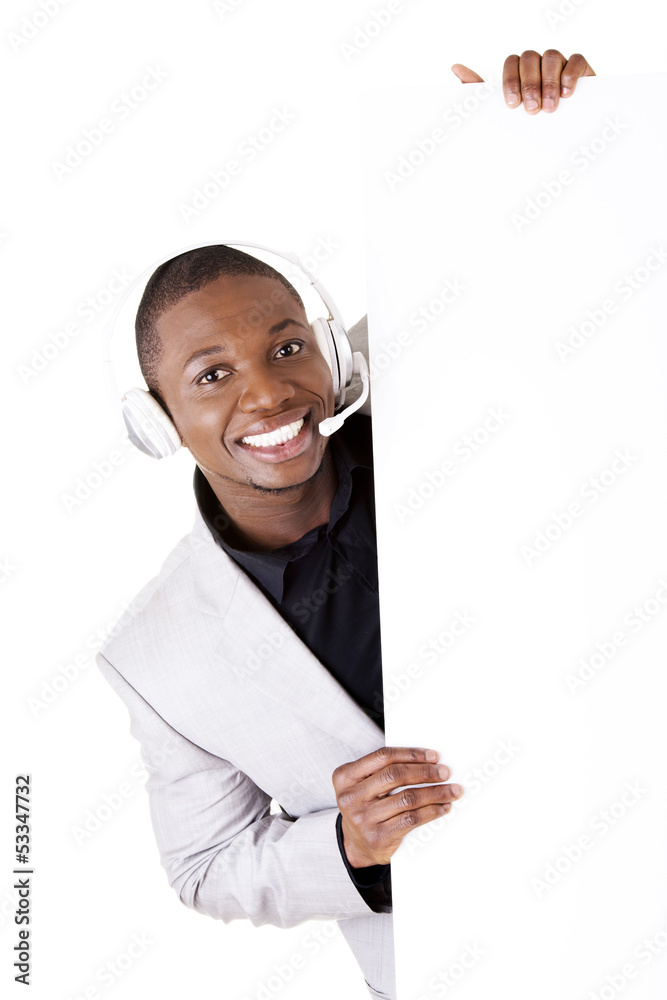 Successful call center worker with blank board Successful call center worker with blank board