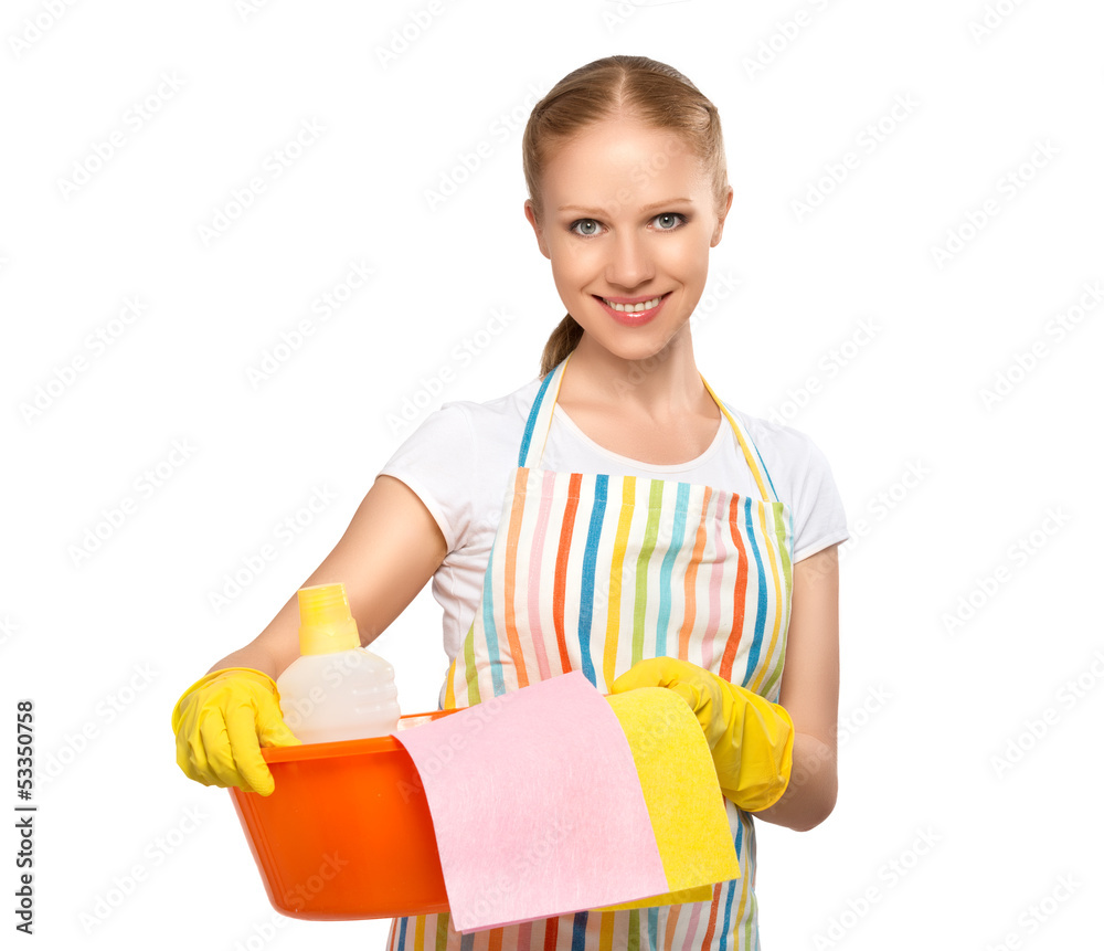 happy young housewife in glove isolated on white happy young housewife in glove isolated on white