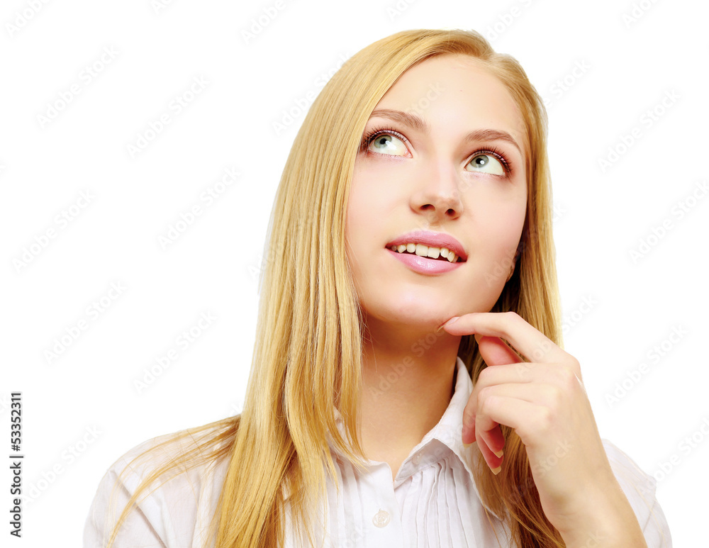 A beautiful woman is thinking and looking A beautiful woman is thinking and looking