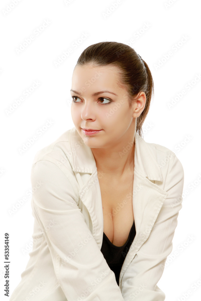 A pensive young woman sitting, isolated on white background A pensive young woman sitting, isolated on white background