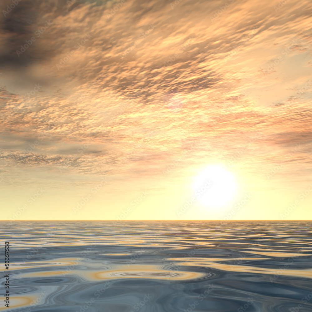 Sea water landscape with sunset sky