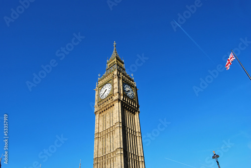 Tower of Big Ben, Lamppost and British Flag