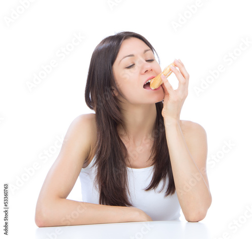 Woman enjoy sweet donut. Unhealthy junk food