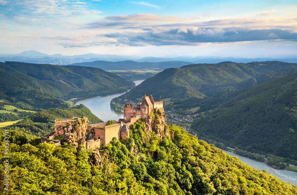 Landscape with castle ruin and Danube river in Wachau, Austria