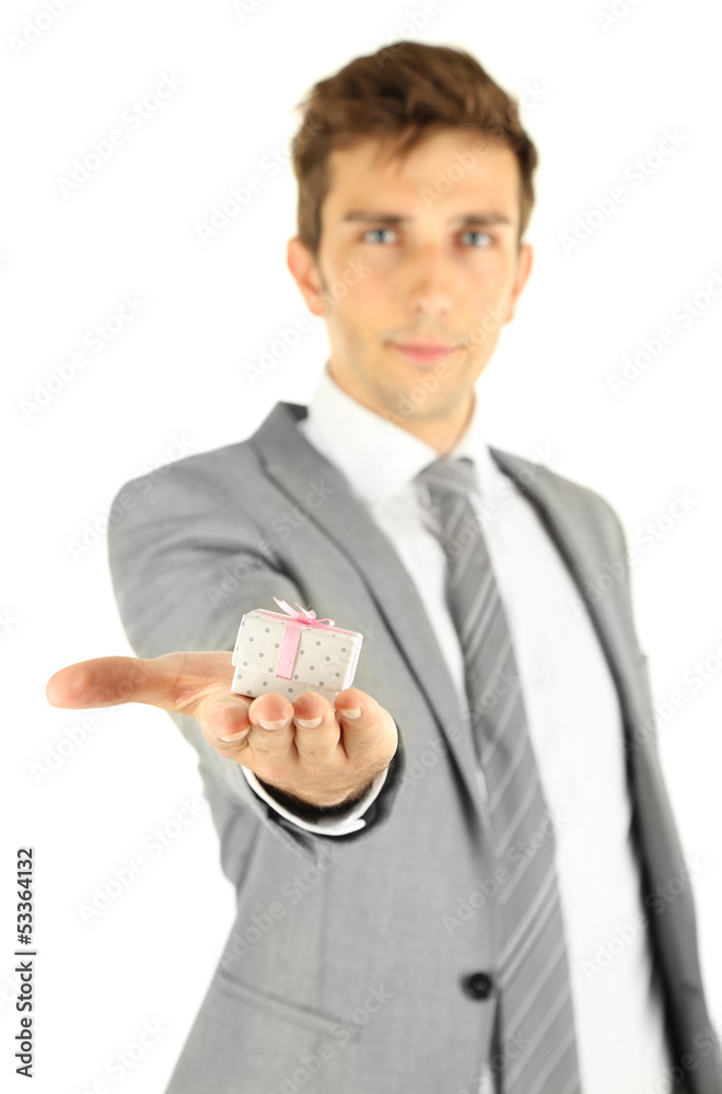 Young businessman present gift box, isolated on white Young businessman present gift box, isolated on white