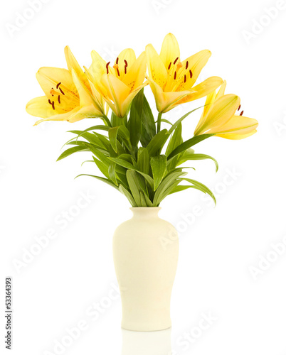 Fototapeta Naklejka Na Ścianę i Meble -  Beautiful orange lilies in vase, isolated on white