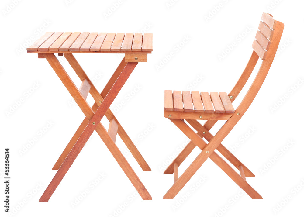 Wooden table with chair isolated on white
