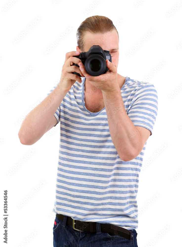 Handsome photographer with camera, isolated on white Handsome photographer with camera, isolated on white
