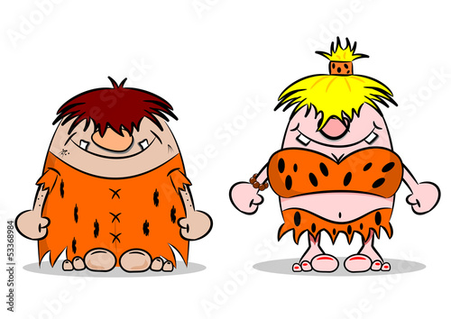 Cartoon caveman and wife on a white background