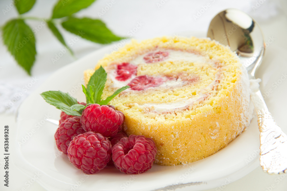 Roulade with raspberries and cream. Roulade with raspberries and cream.