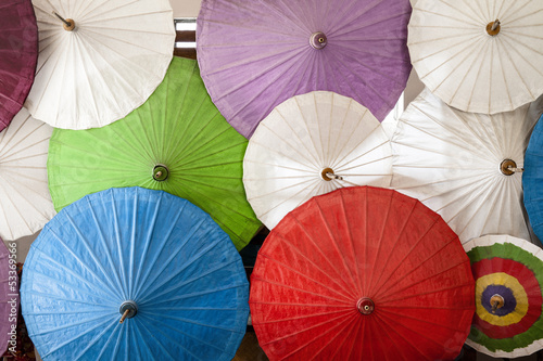 Colorful umbrellas with wooden handle  Chiang Mai  Thailand.