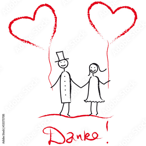 Wir sagen Danke! Hochzeitspaar mit Herzluftballons sagt Danke, Vektor, Strichfigur