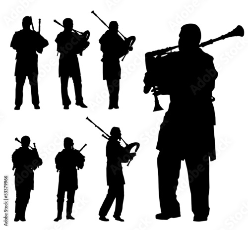 Scottish bagpiper silhouette vector background set