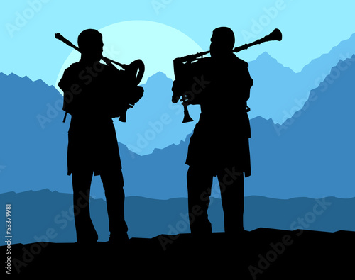 Scottish bagpiper silhouette landscape vector background