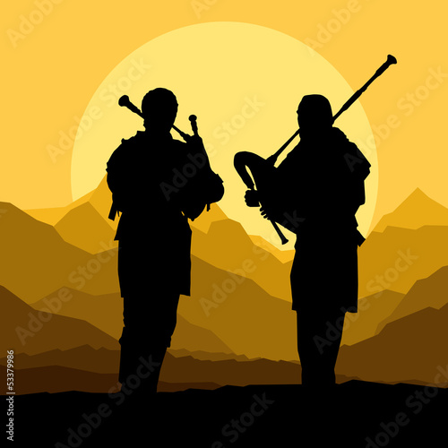 Scottish bagpiper silhouette landscape vector background