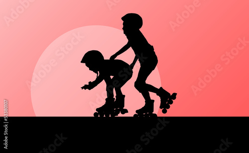 Cute kids in roller skates vector background family
