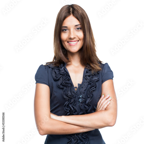 Beautiful smiling business woman in blue dress