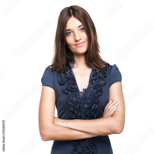 Beautiful smiling business woman in blue dress