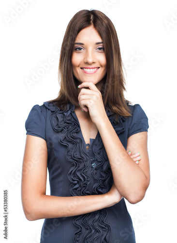 Beautiful smiling business woman in blue dress
