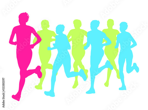 Women marathon winner finish vector background and group of runn © kstudija