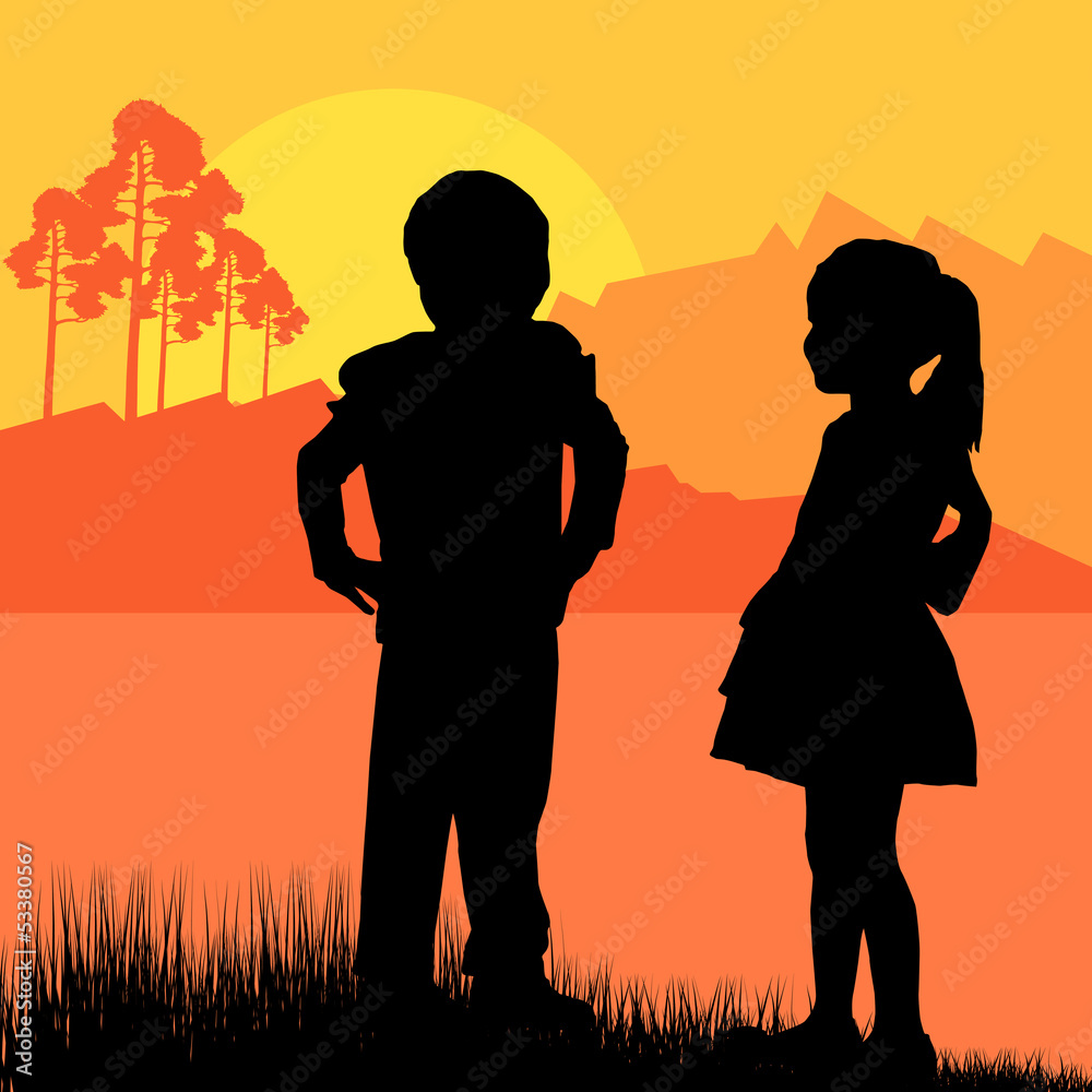 Happy children girl and boy background landscape vector Happy children girl and boy background landscape vector