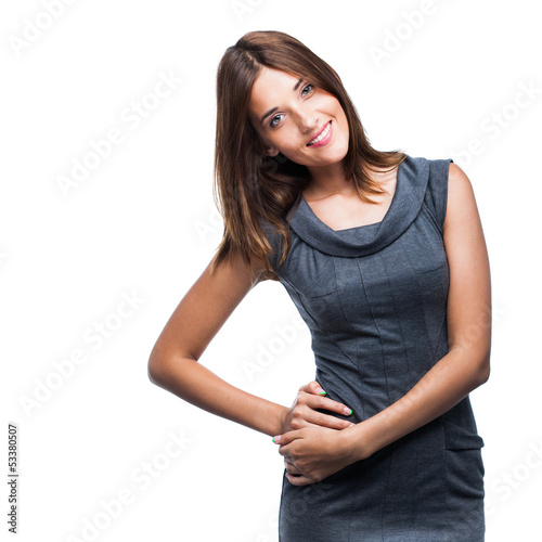 Beautiful smiling business woman in blue dress