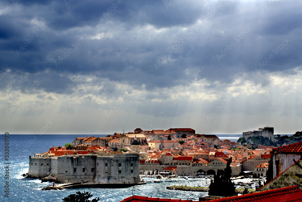 Stormy Dubrovnik with rays of sunshine