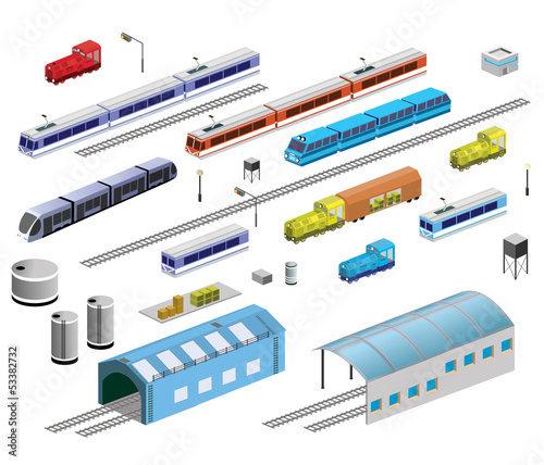Isometric set of railroad equipment on a white background