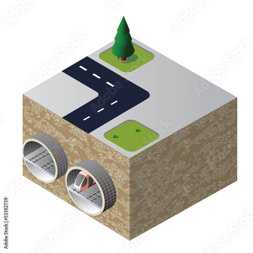 Vector isometric drawing of the tunnel with a train