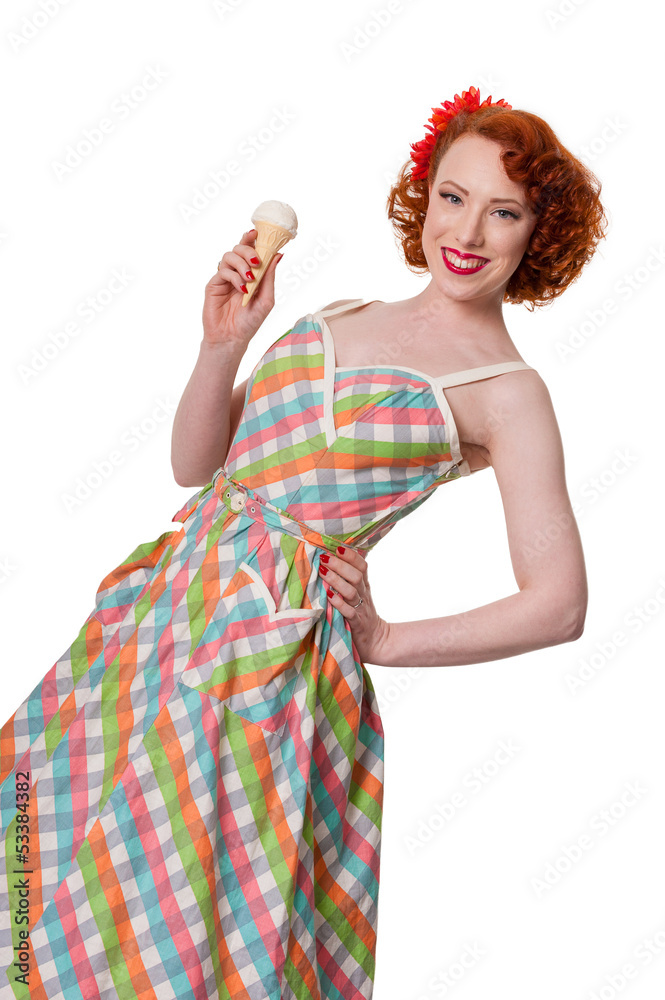 Retro woman with icecream cone - isolated on white Retro woman with icecream cone - isolated on white