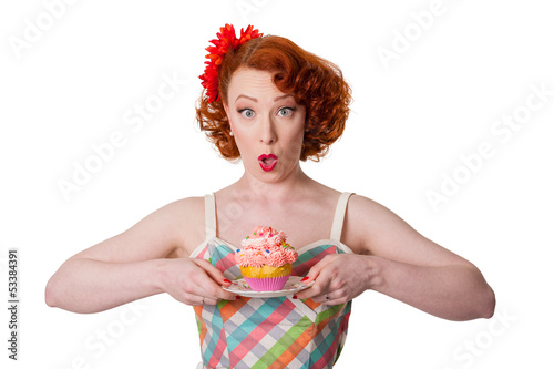 Retro woman with cupcake - isolated on white