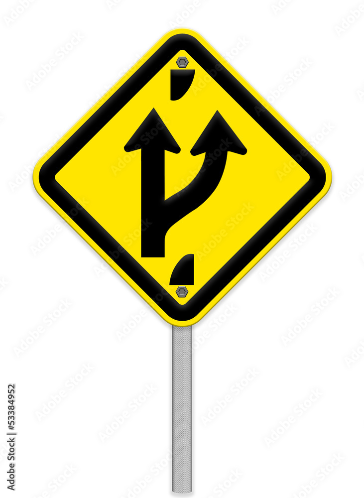 Road sign indicating a forked road ahead,part of a series