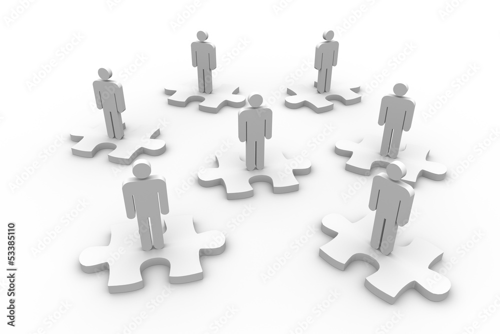 Strewn human representation standing on jigsaw pieces Strewn human representation standing on jigsaw pieces