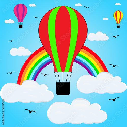 air balloons flying in the background of the rainbow