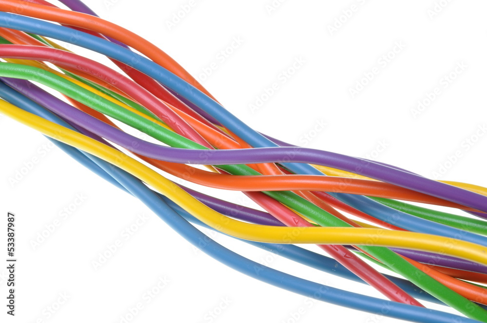 Bundles of electric computer cables on a white background